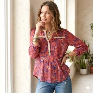 Maeve Anthropologie Coral Sheer Cotton Boho Peasant Top Floral Butterfly Sz 2